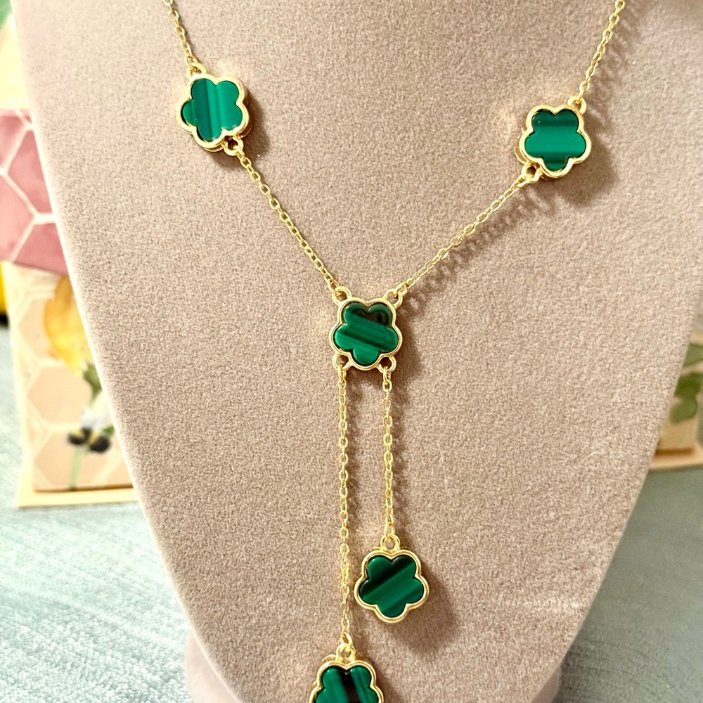 Gold-Tone Necklace with Green Clover Motifs